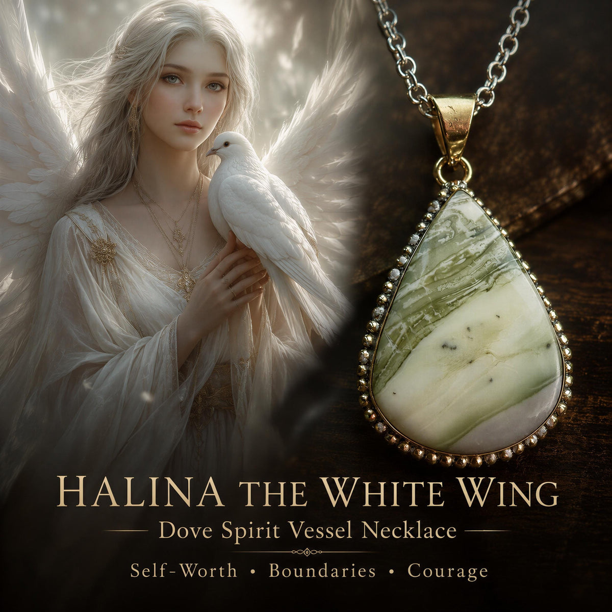 Halina White Wing Self-Worth Spirit Vessel Necklace for Confidence, Dove Spirit of Courage
