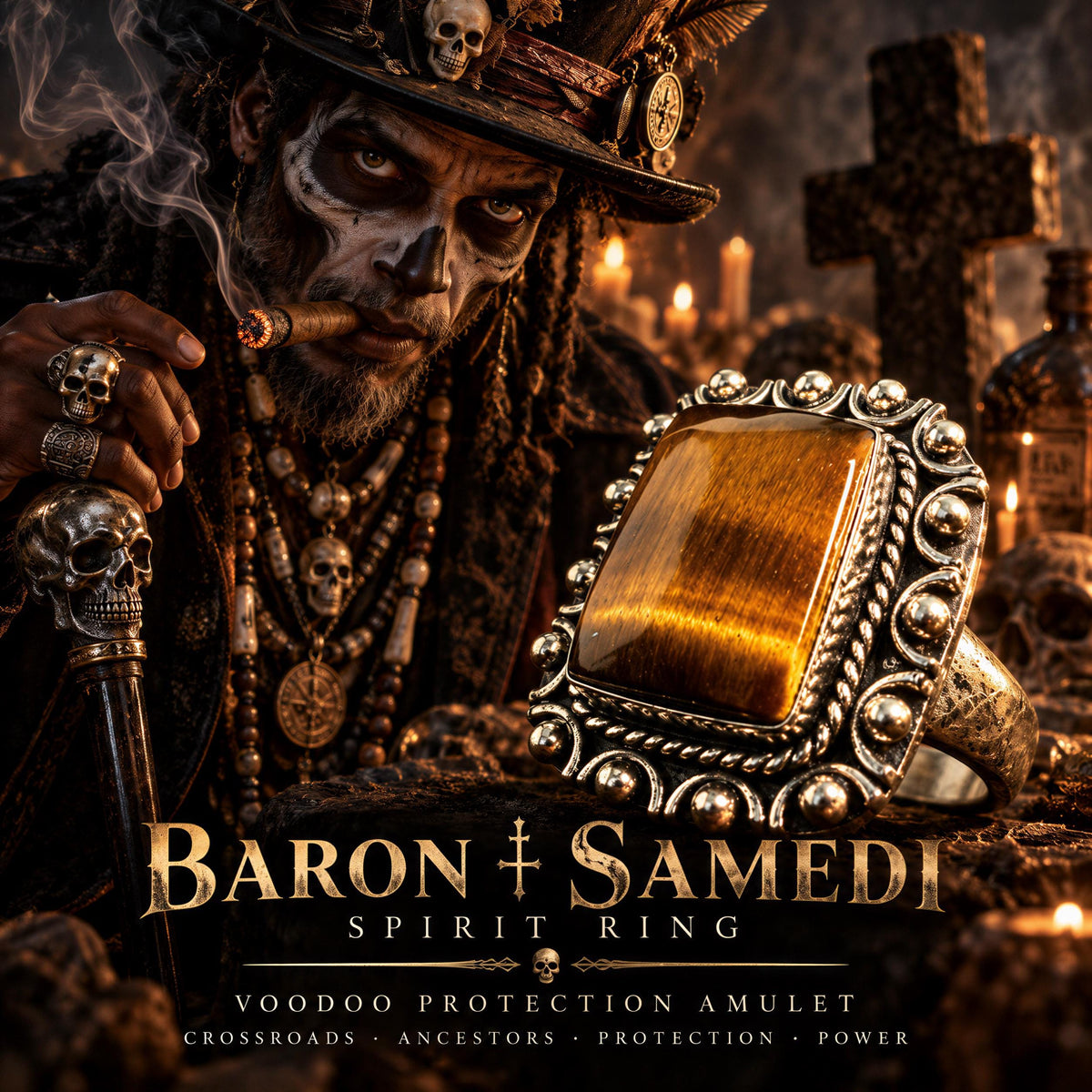 Protection Amulet Baron Samedi Ring · Haitian Vodou Lwa Voodoo Talisman · Cemetery, Passage, Ancestral Wisdom, Vitality