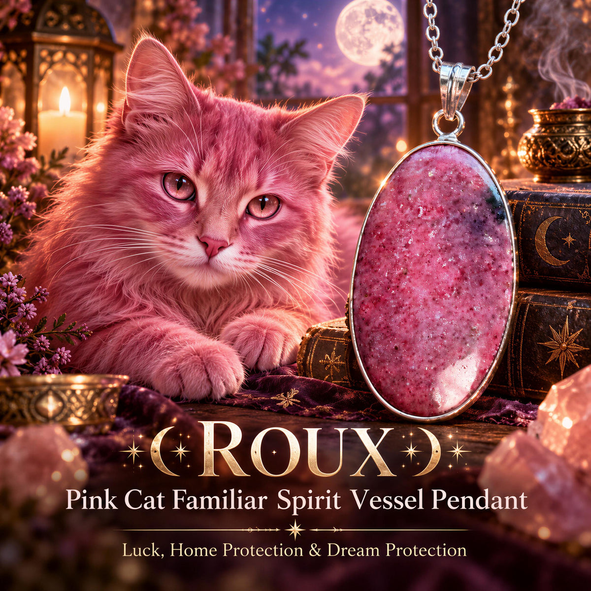 Roux Pink Cat Familiar Pendant · Spirit Vessel · Luck, Opportunity, People Reading, Home Protection & Psychic Warning