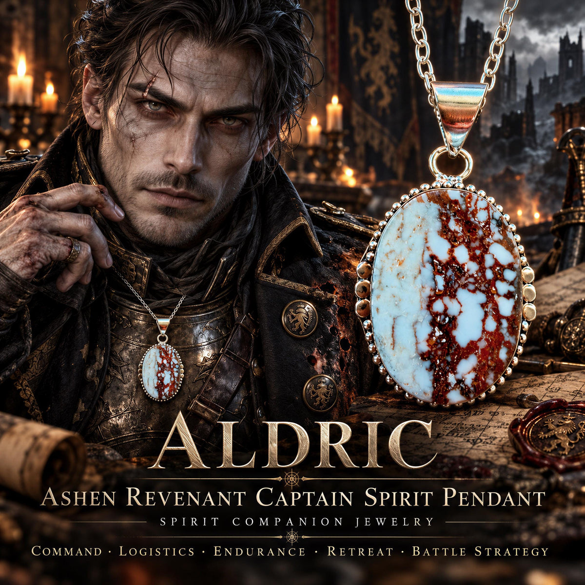 Aldric Ashen Revenant Captain Spirit Pendant · Command, Logistics, Endurance, Retreat & Battle Strategy · Spirit Compani