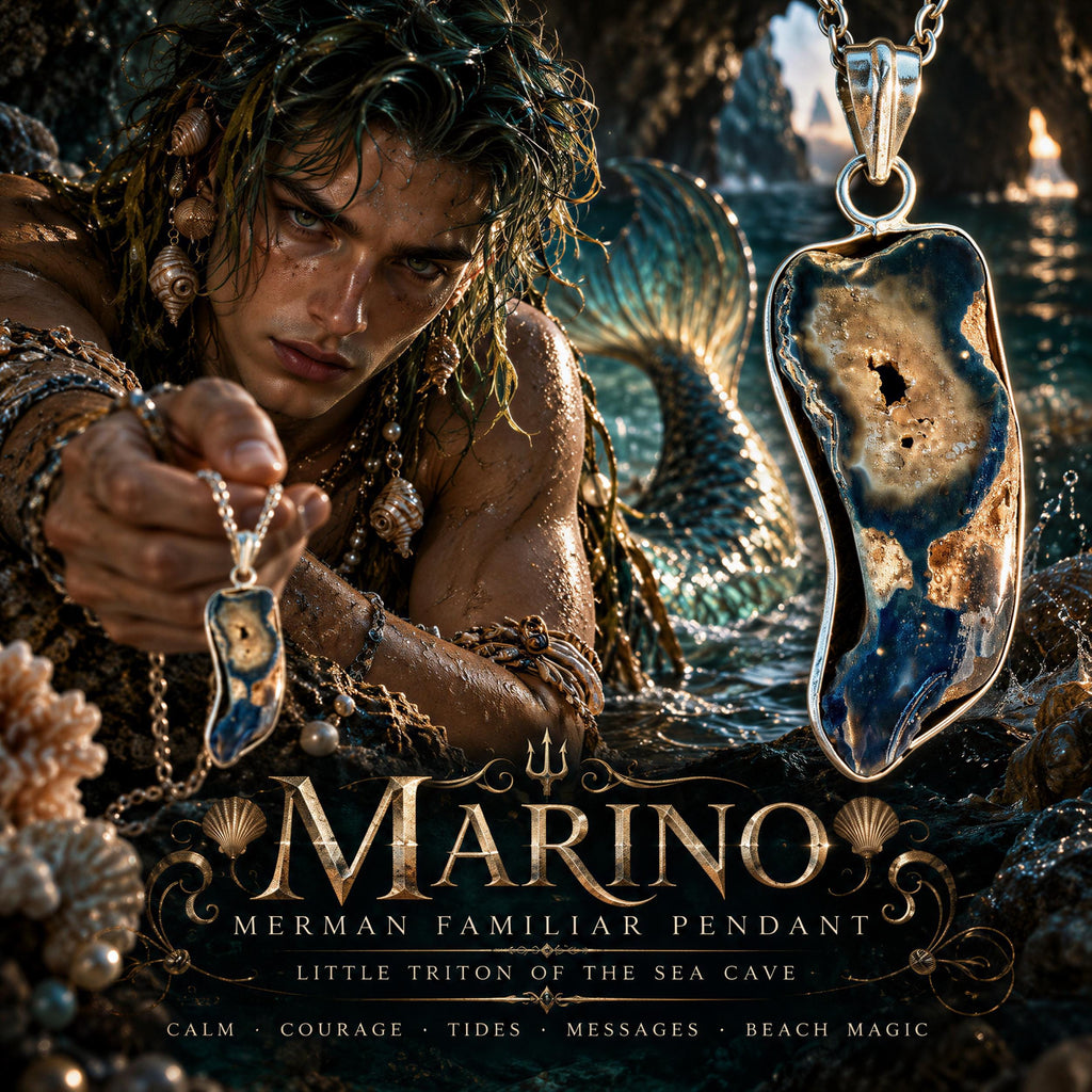 Marino Merman Familiar Pendant · Little Triton of the Sea Cave · Calm, Courage, Tides, Messages & Beach Magic
